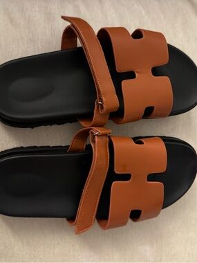 Brown Cutout Leather Slide Sandals